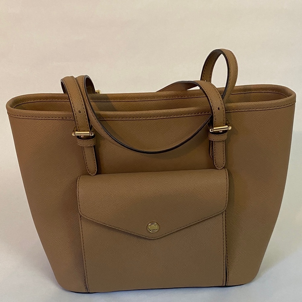 Michael Kors Jet Set Saffiano Leather Small Tan Pocket Tote Bag EUC